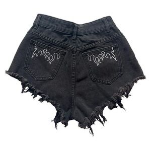 Very Cheeky High Waisted Black Denim Cutoff Shorts w/ Flame Embroidered Pockets